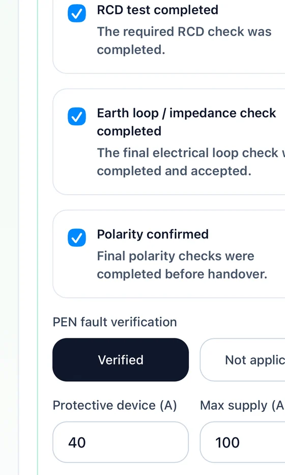 Installer app electrical sign-off