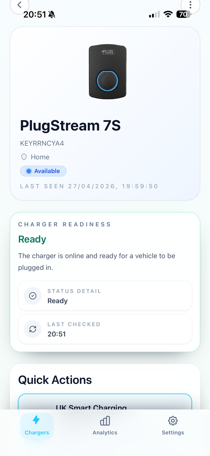 MyPlugStream charger details screen showing the Charger readiness card in a Ready state