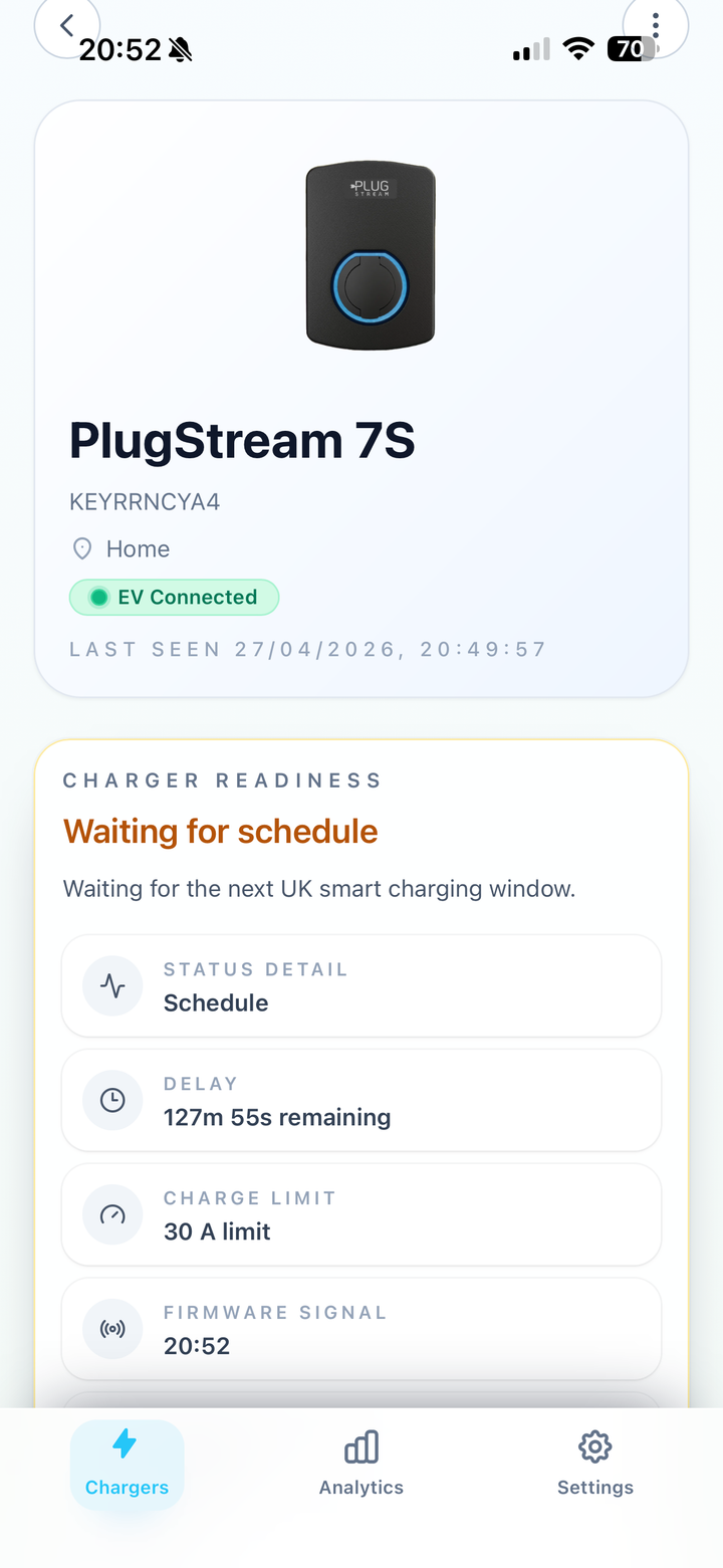MyPlugStream Charger readiness card showing the charger waiting for the next UK smart charging window