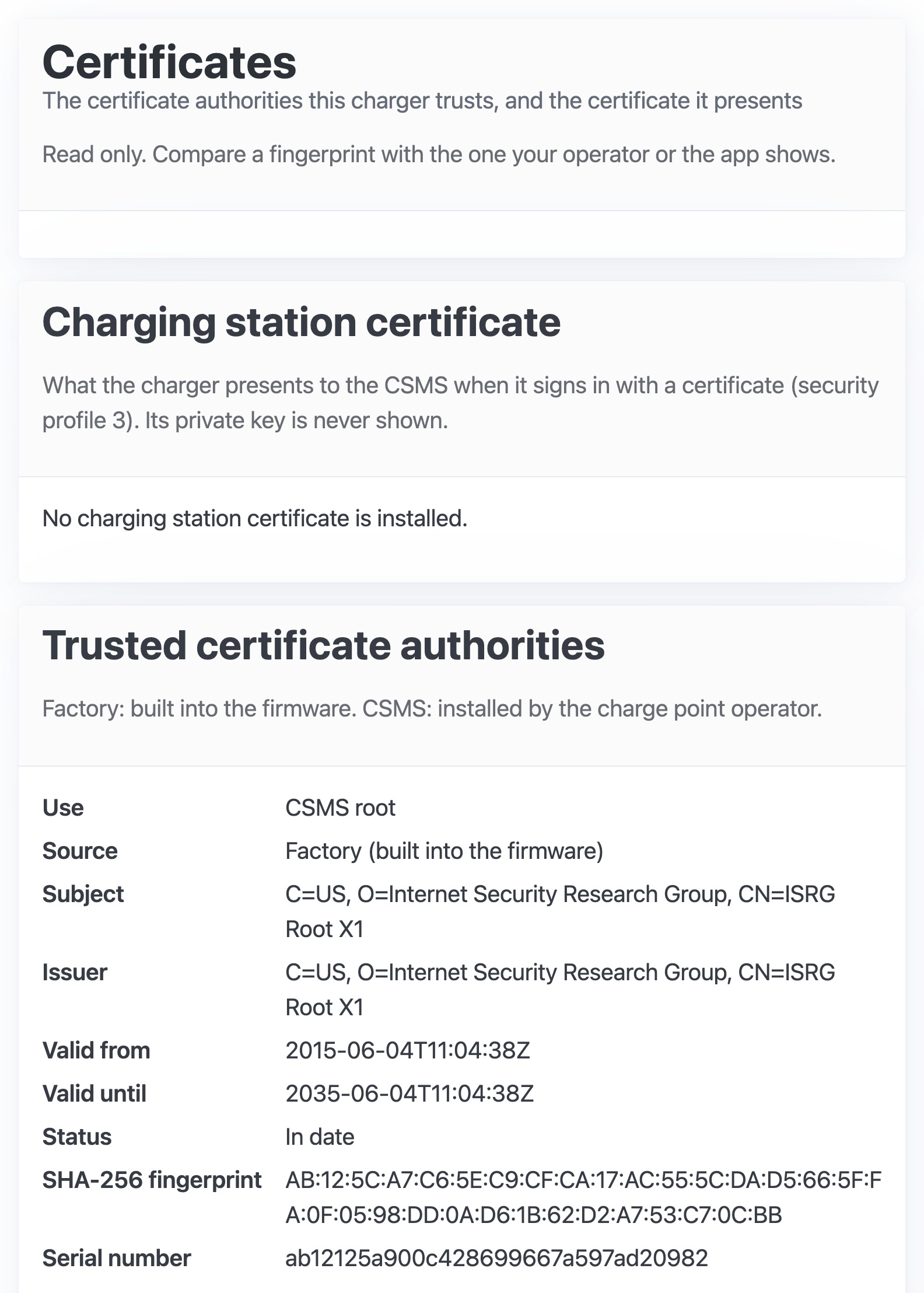 The top of the Certificates page: the station certificate section and the first trusted certificate authority