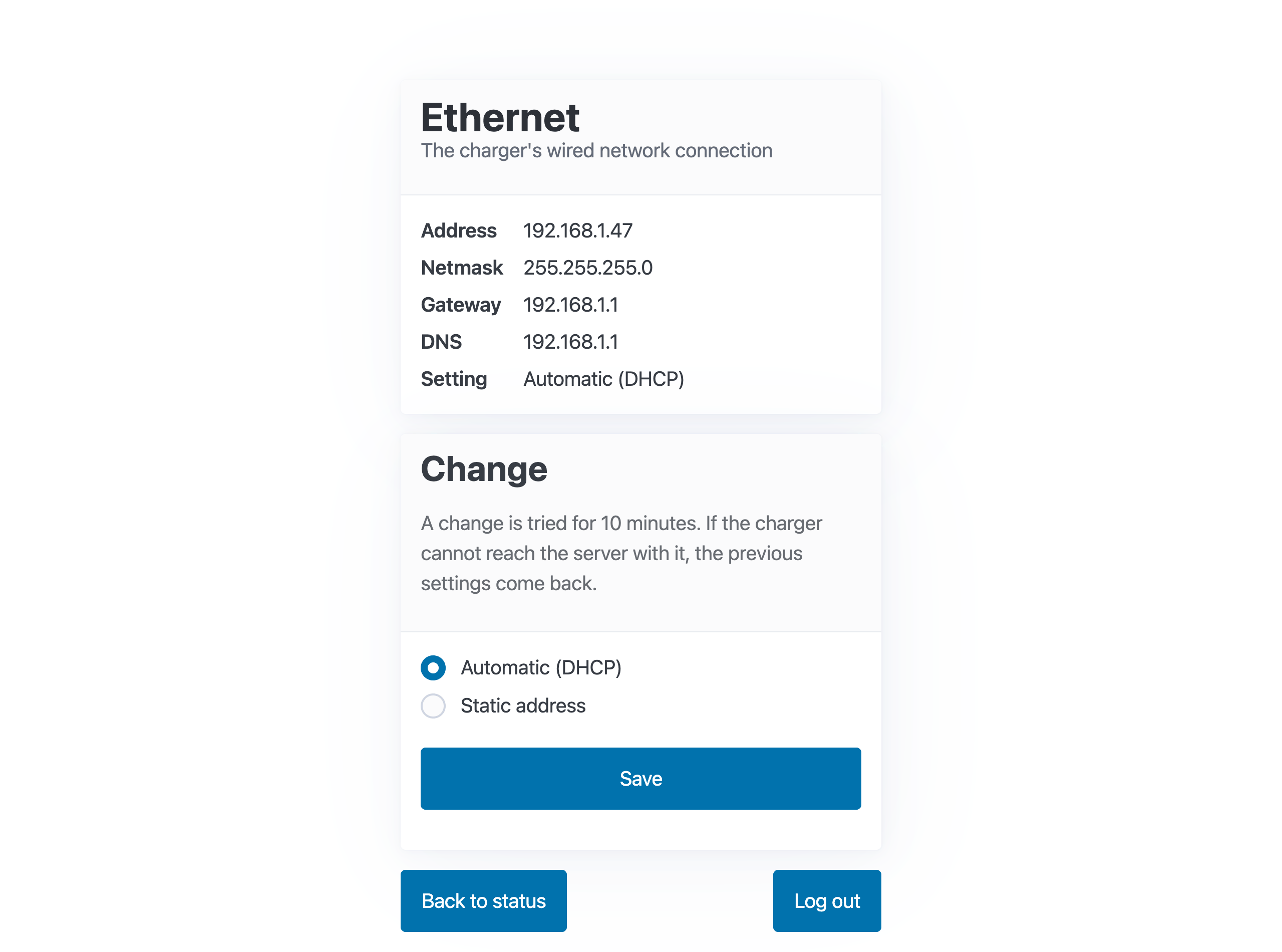 The Ethernet page on DHCP: the current address, Setting "Automatic (DHCP)", and the Change card