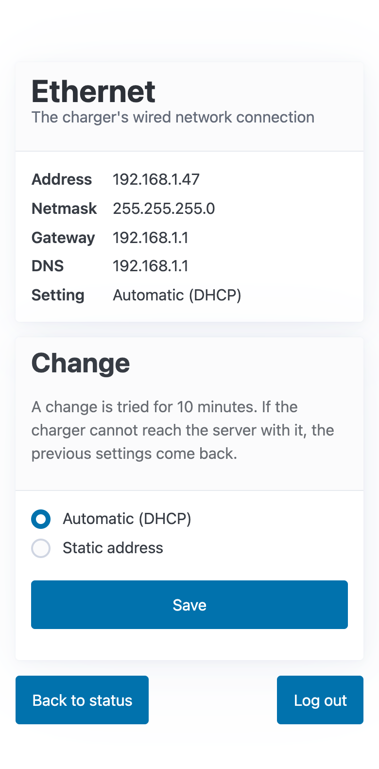 The Ethernet page at phone width