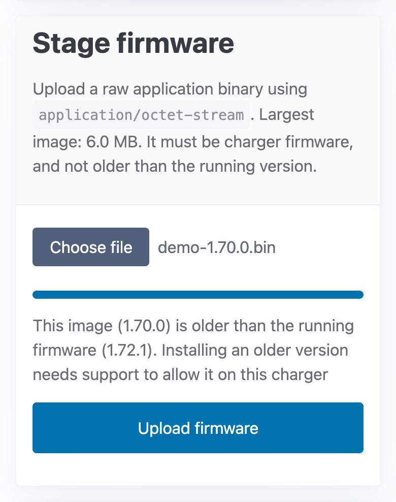 The Stage firmware section after uploading an older file: "This image (1.70.0) is older than the running firmware (1.72.1)…"