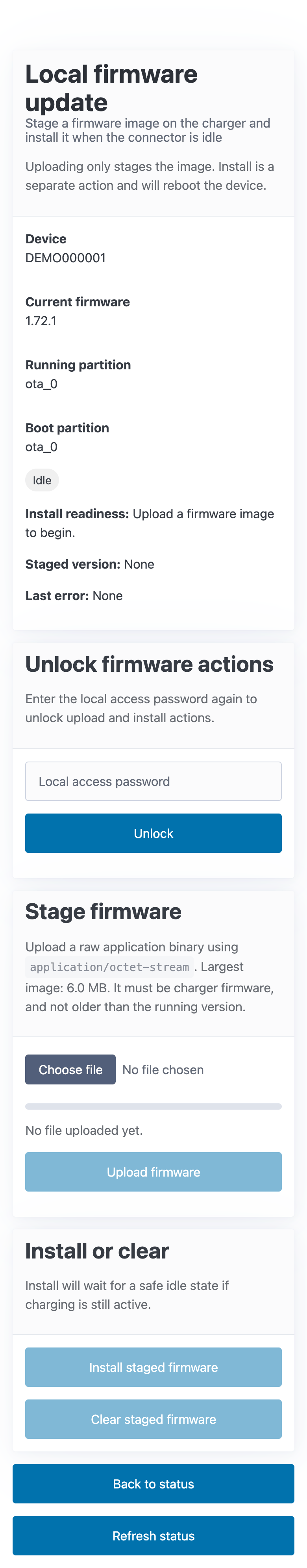The Local firmware update page, locked: current firmware, state Idle, and the Unlock, Stage firmware and Install or clear sections