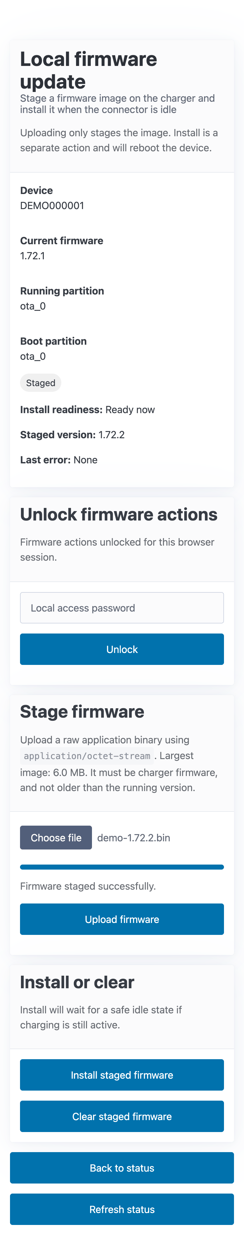 After uploading: state Staged, Install readiness Ready now, Staged version 1.72.2, and "Firmware staged successfully."