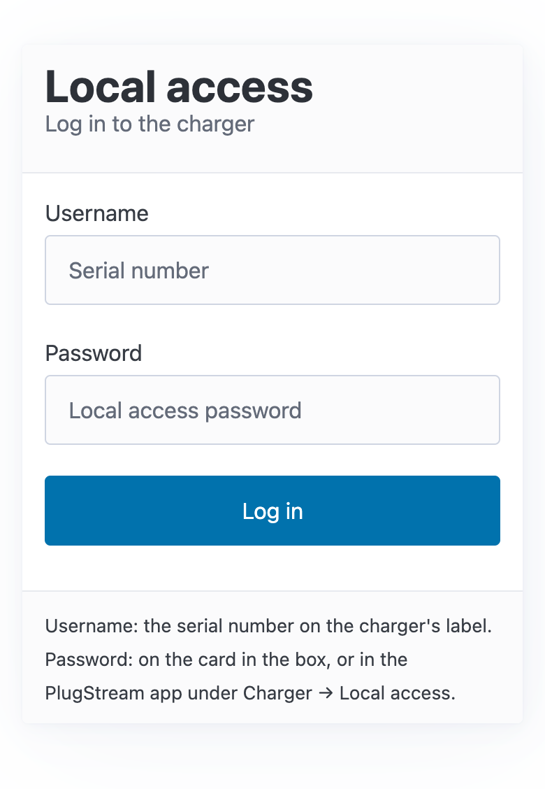 The setup page's login page on the home network, with Username, Password and Log in