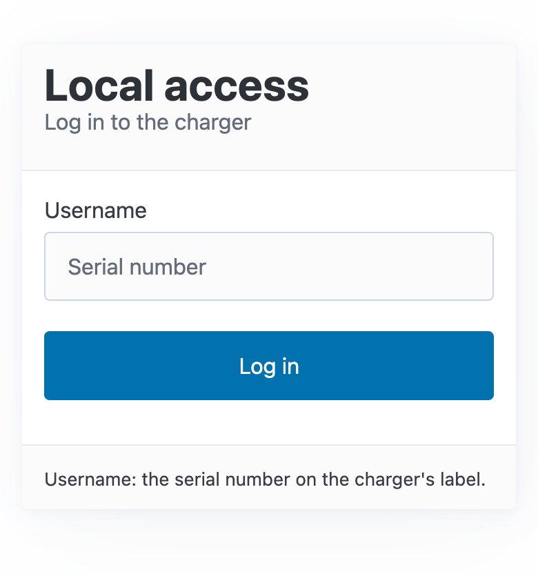 The login page on the charger's hotspot before the charger has a local access password: only Username and Log in