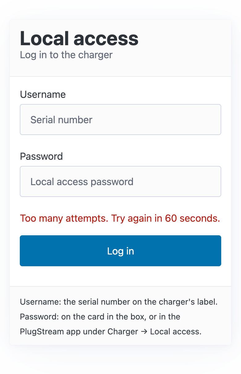 The login page after too many wrong passwords, showing "Too many attempts. Try again in 60 seconds."