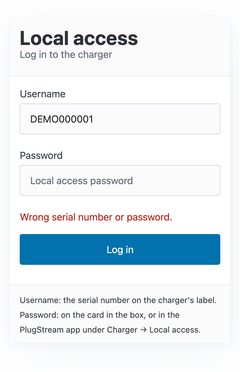 The login page after a wrong password, showing "Wrong serial number or password."