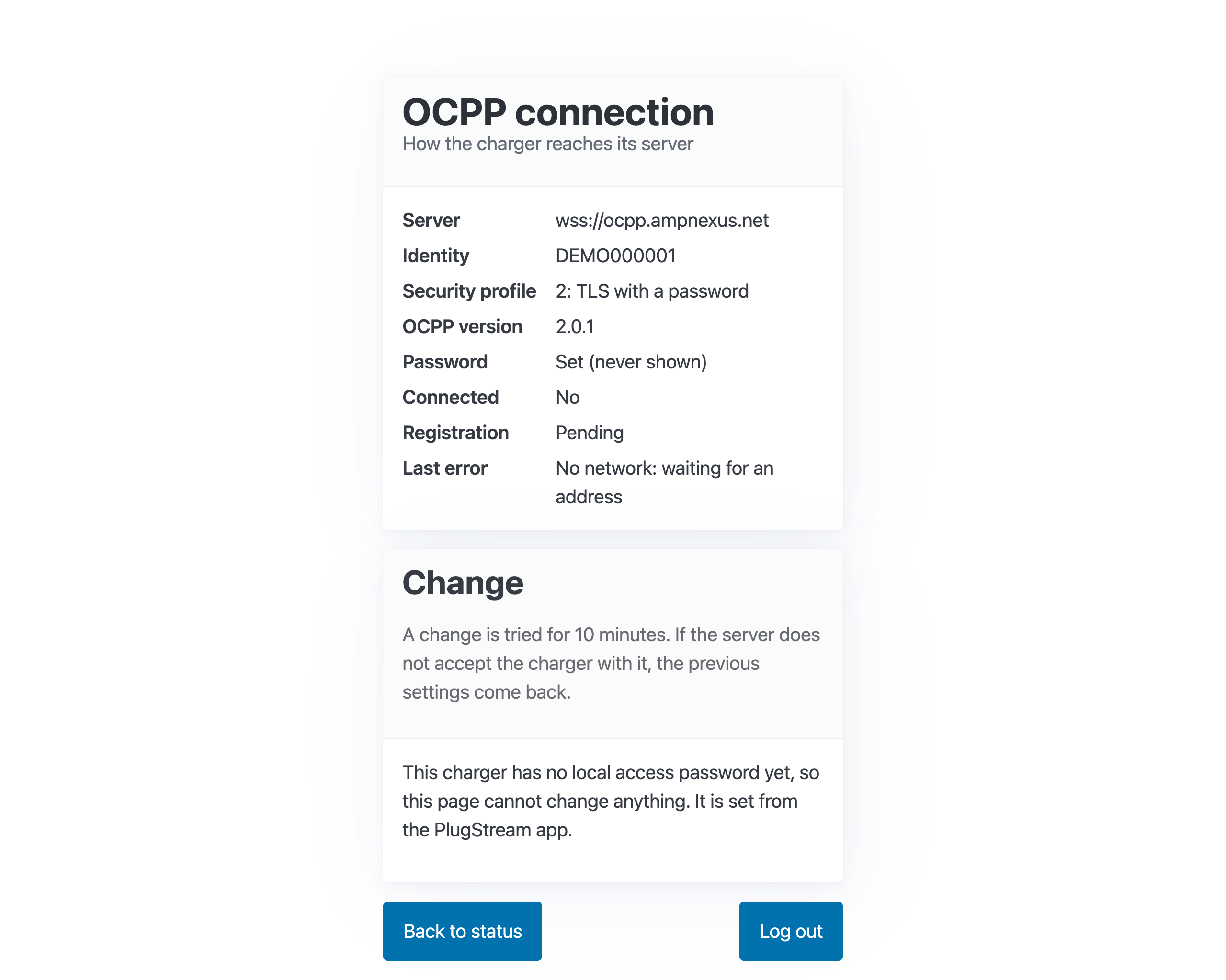 The OCPP connection page on a charger with no local access password: no Change form
