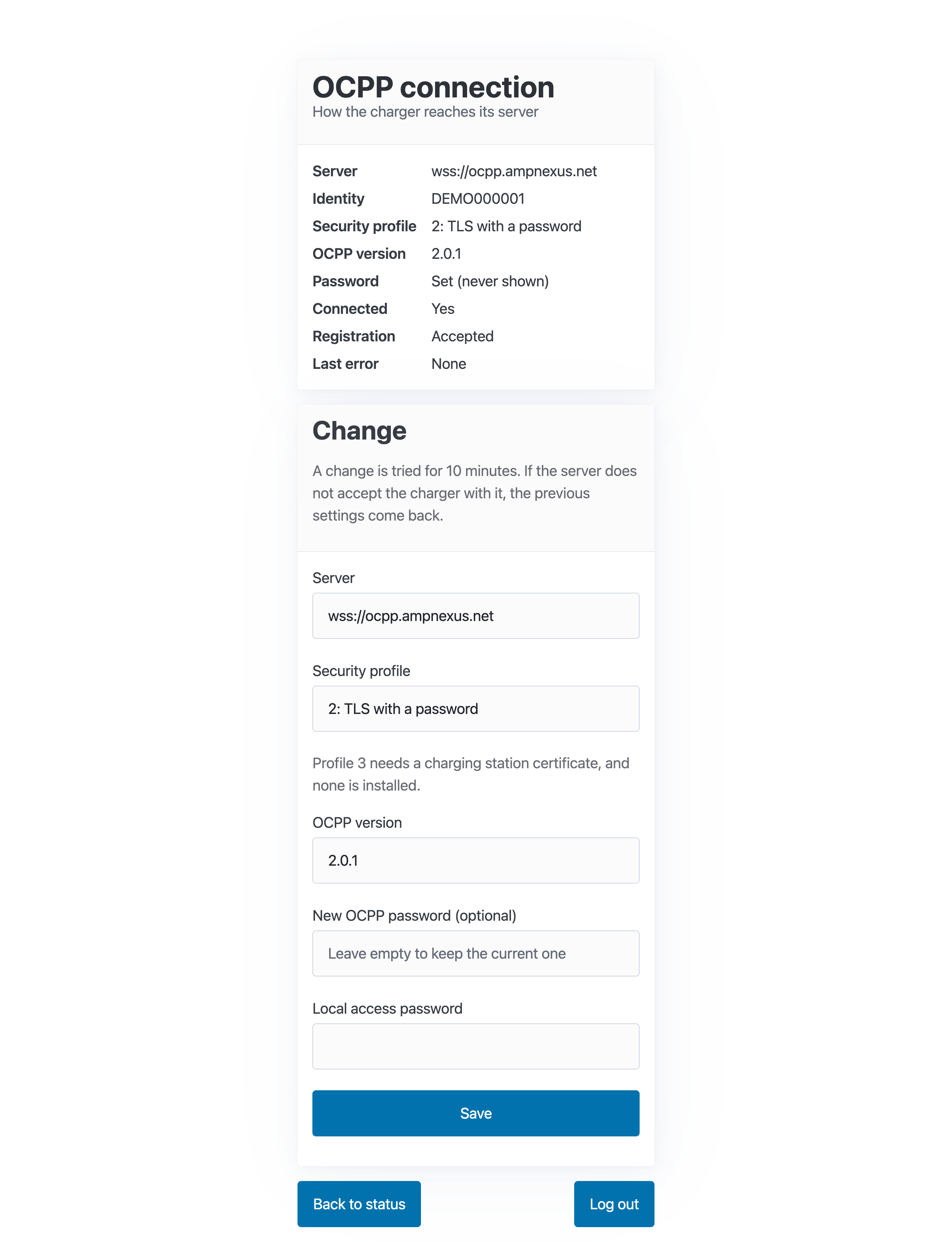 The OCPP connection page: server, identity, security profile, OCPP version, connection state, and the Change card