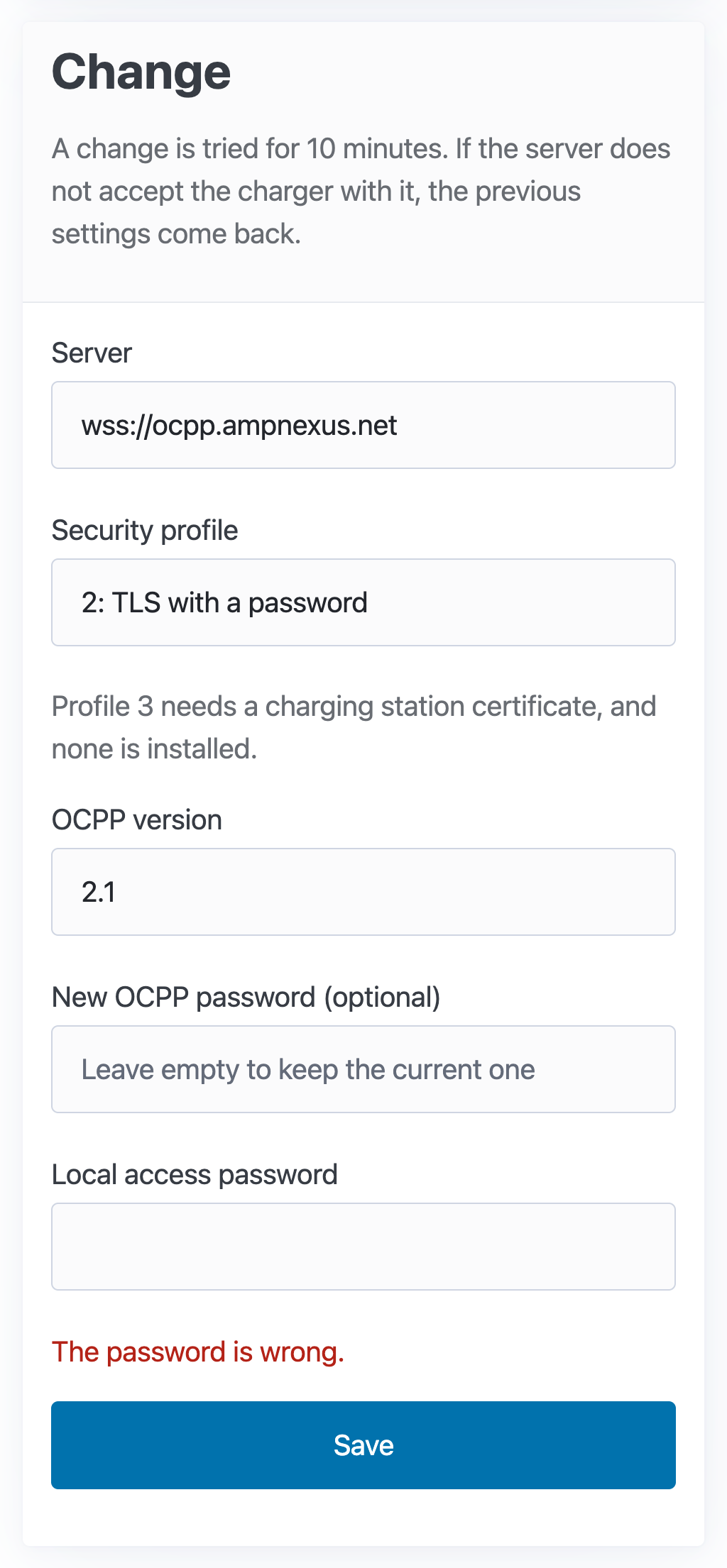 The Change card with "The password is wrong." above Save