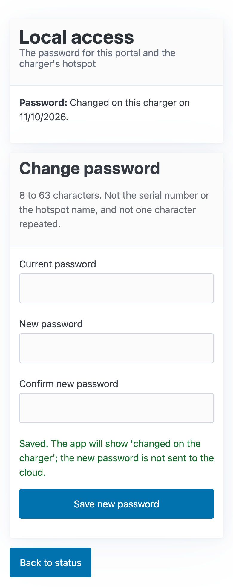 After saving: "Password: Changed on this charger on" the date, and "Saved"