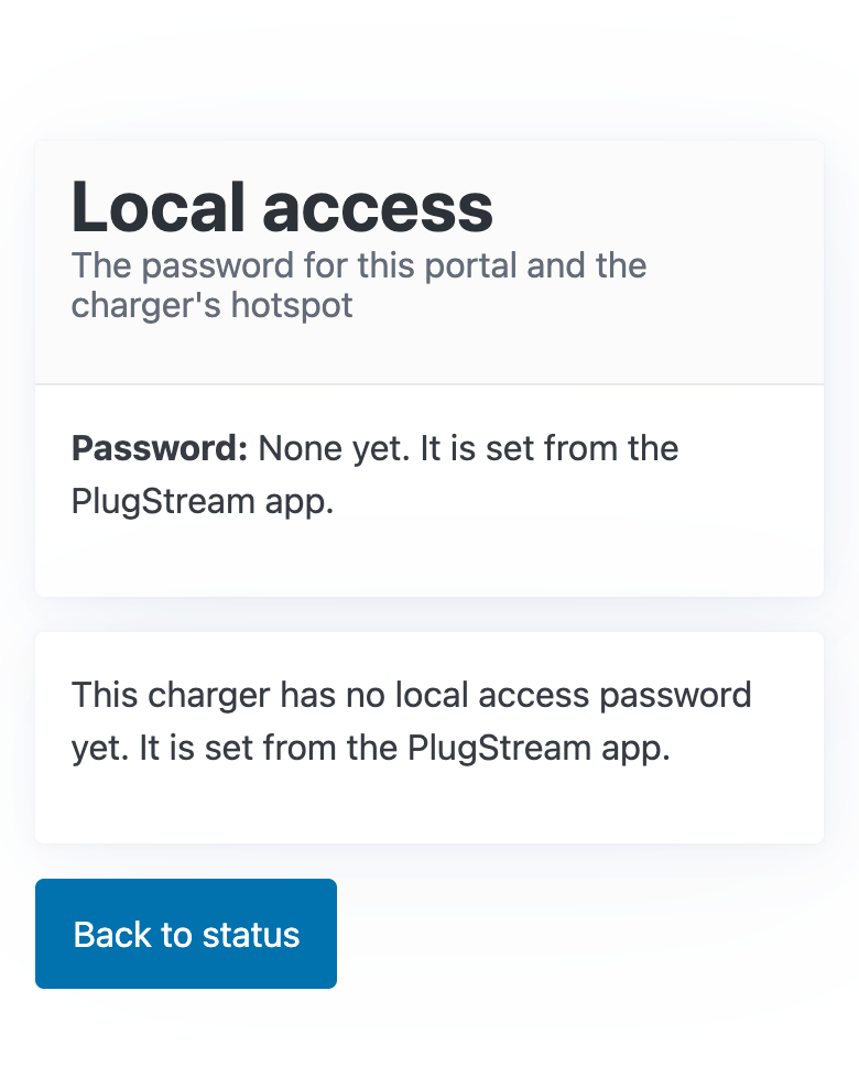 The Local access page for a charger with no password yet: "None yet. It is set from the PlugStream app."