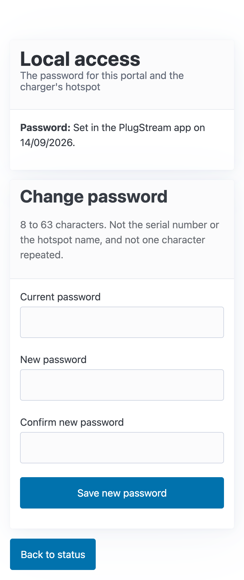 The Local access page: where the password came from, the password rules, and the Change password form