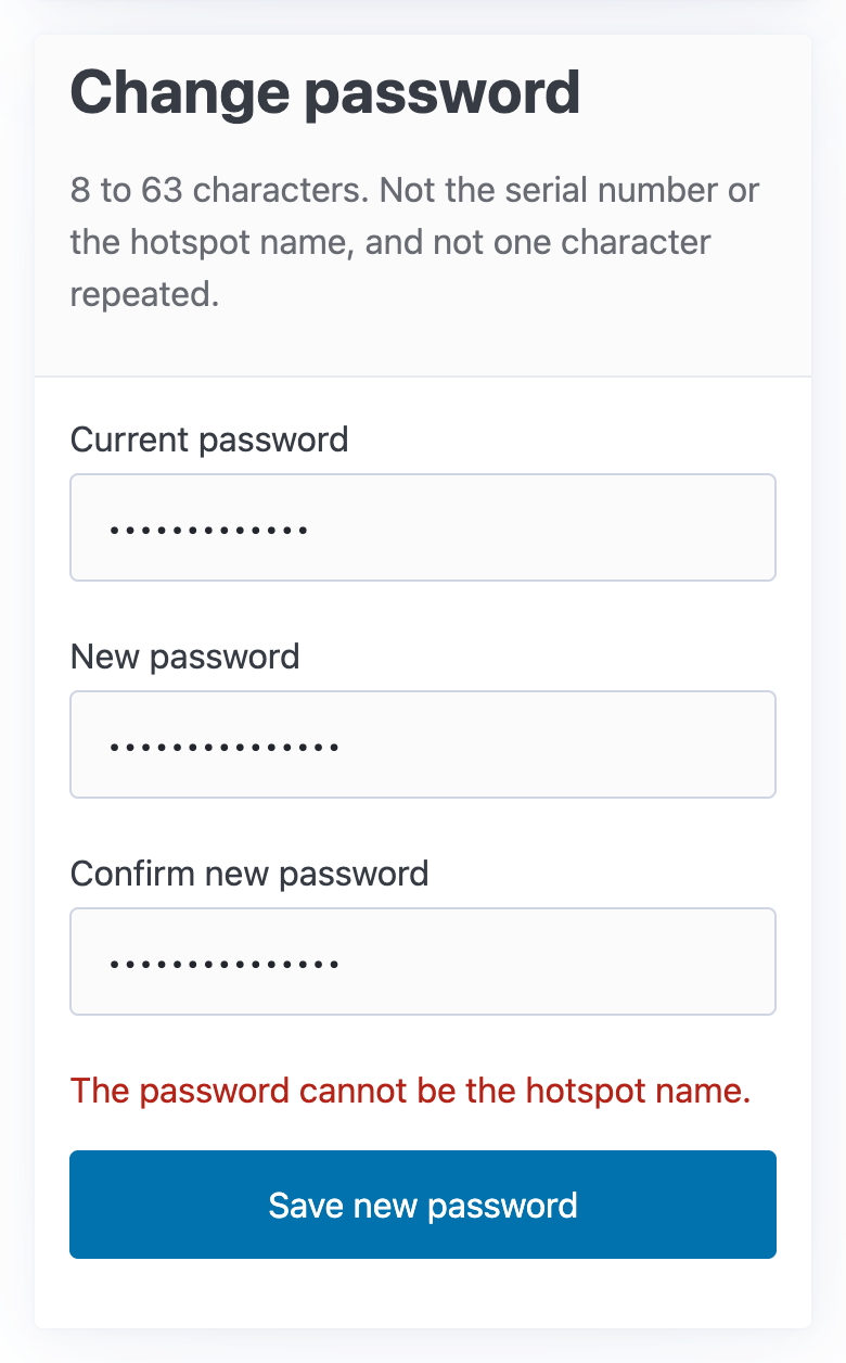 The Change password form with "The password cannot be the hotspot name."