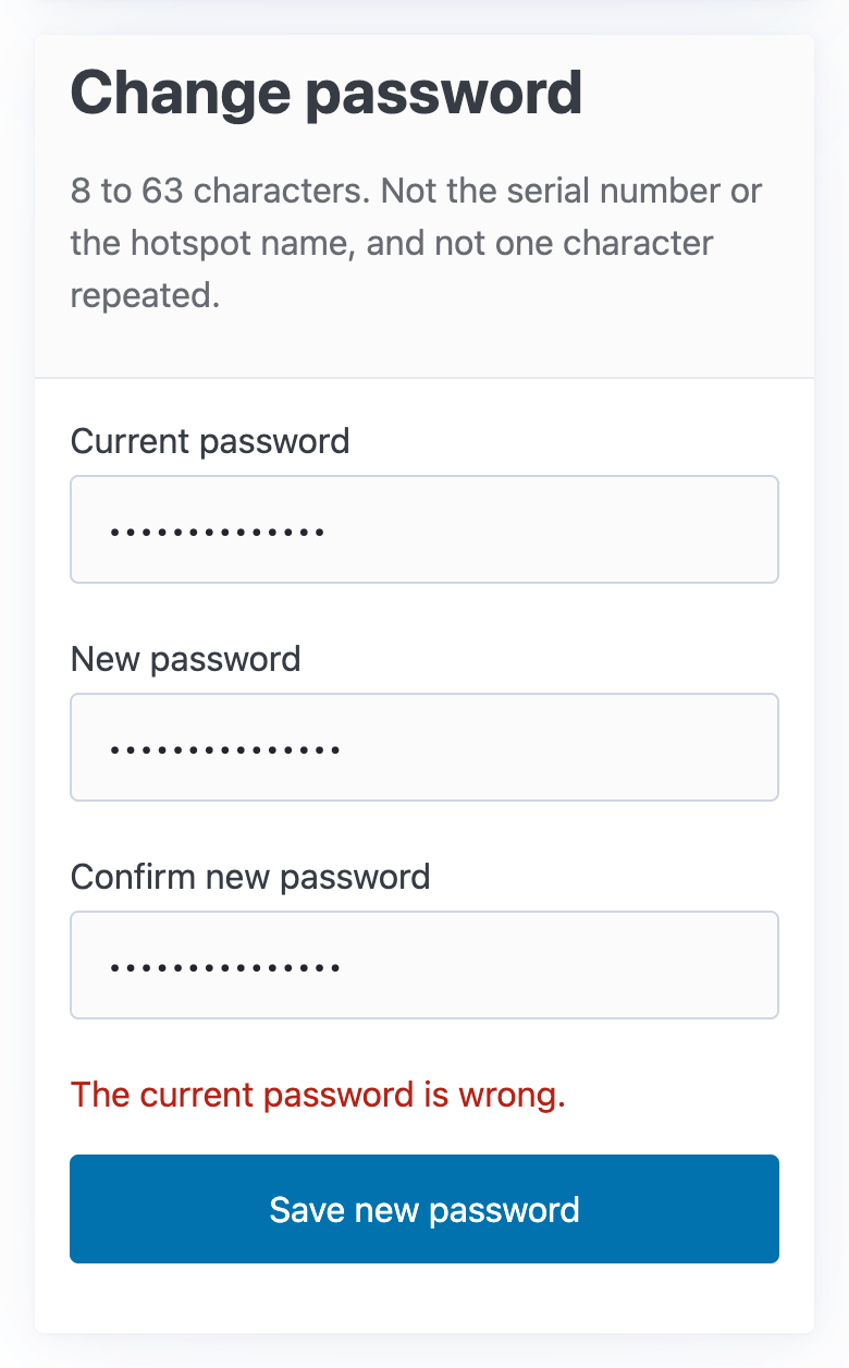 The Change password form with "The current password is wrong."