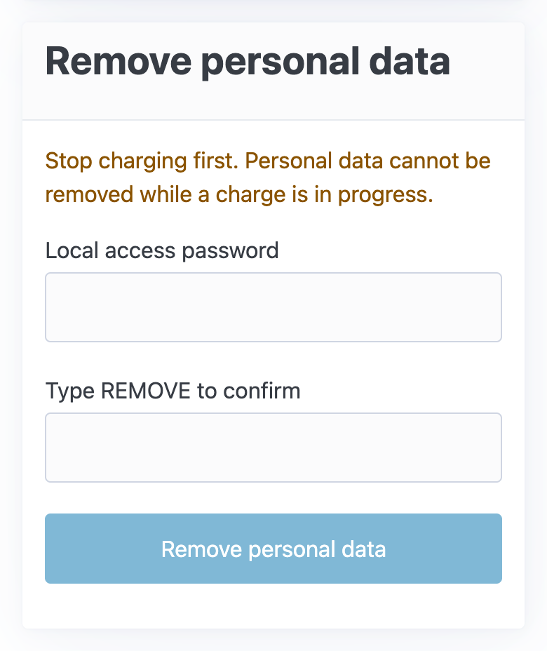 The Personal data form during a charge: "Stop charging first", with the button greyed out