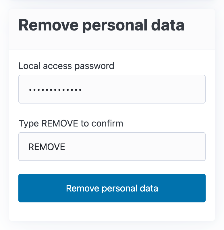 The Remove personal data form with the password entered and REMOVE typed