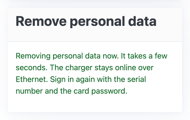After removing on Ethernet: the charger stays online; log in again with the card password