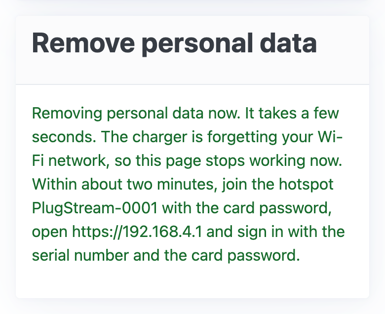 After removing on Wi-Fi: the charger forgets the network; join the hotspot with the card password within about two minutes