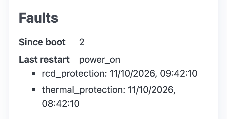 The Faults section after two protection trips, listing rcd_protection and thermal_protection with their times