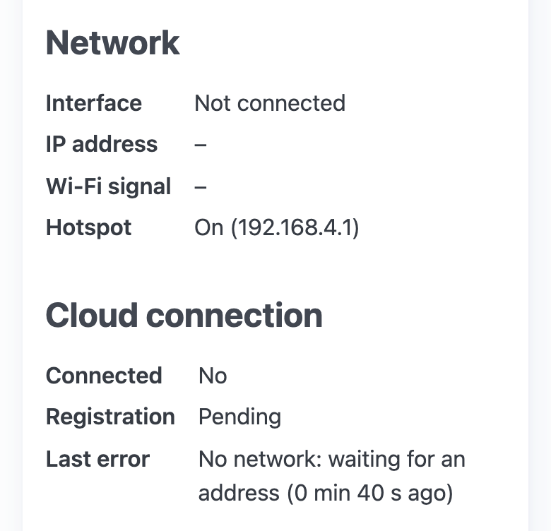 Network and Cloud connection on the hotspot: Interface Not connected, Hotspot On (192.168.4.1), Connected No