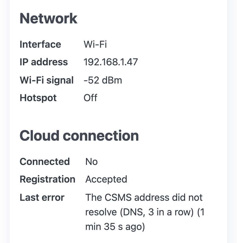 Network and Cloud connection when the charger has Wi-Fi but cannot reach PlugStream: Connected No, and the last error