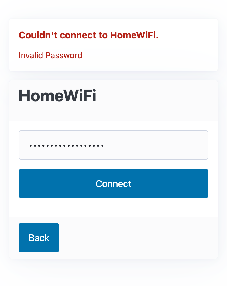 Connection failed: "Couldn't connect to HomeWiFi." and "Invalid Password"