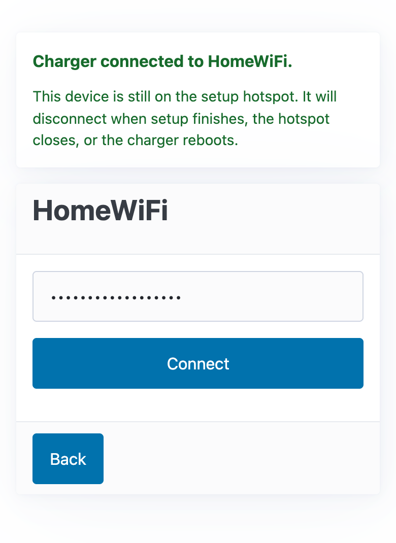 Connected: "Charger connected to HomeWiFi."