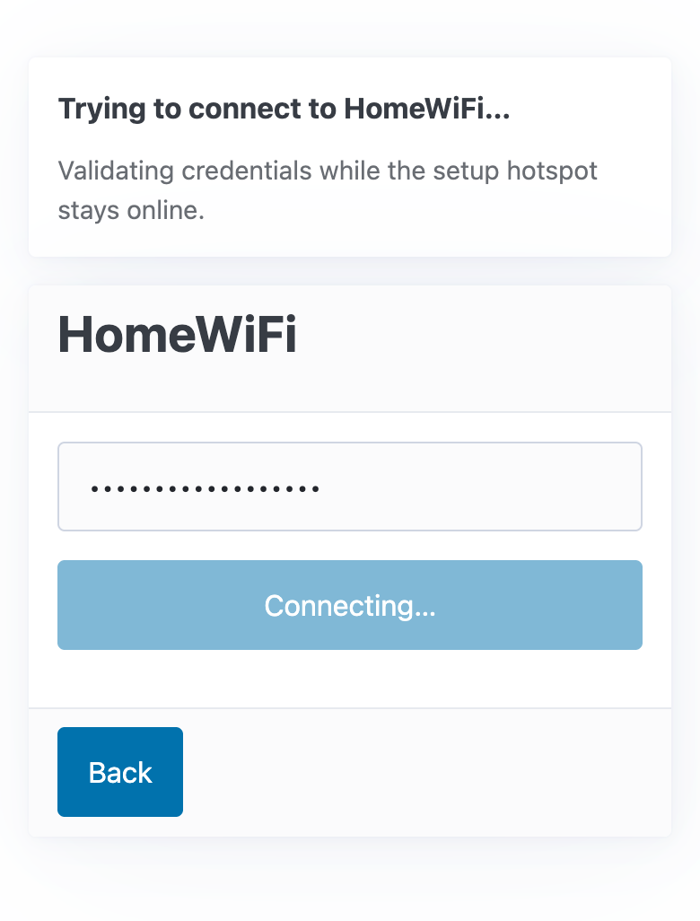 The page while the charger connects: "Trying to connect to HomeWiFi…" and the button "Connecting…"