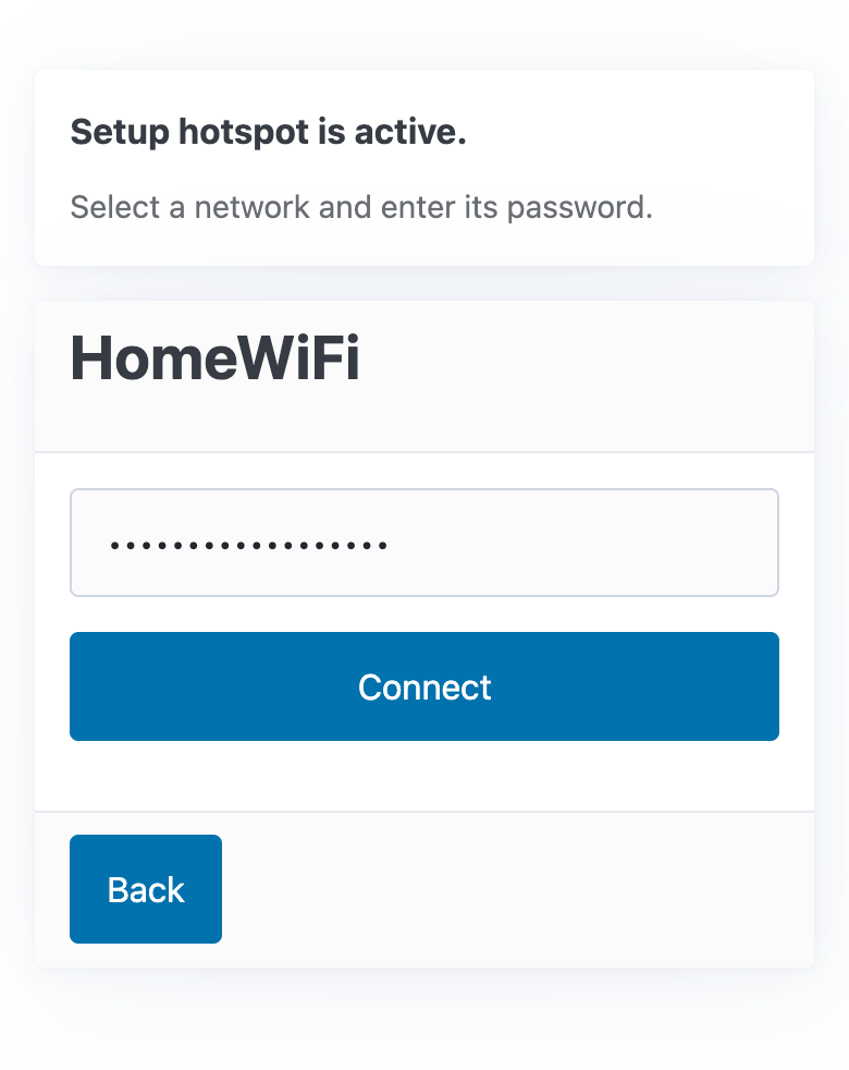HomeWiFi selected, with its password typed and the Connect button