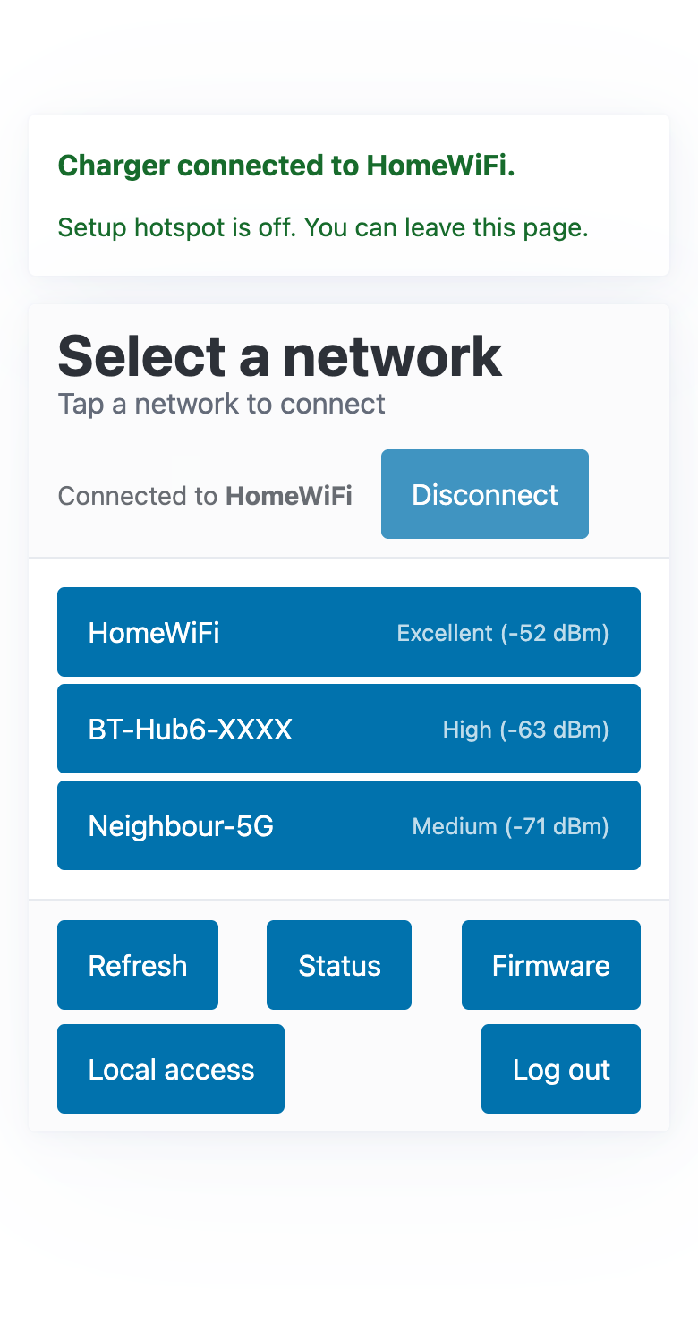 The Wi-Fi page on the home network: connected to HomeWiFi, the Disconnect button, and the network list