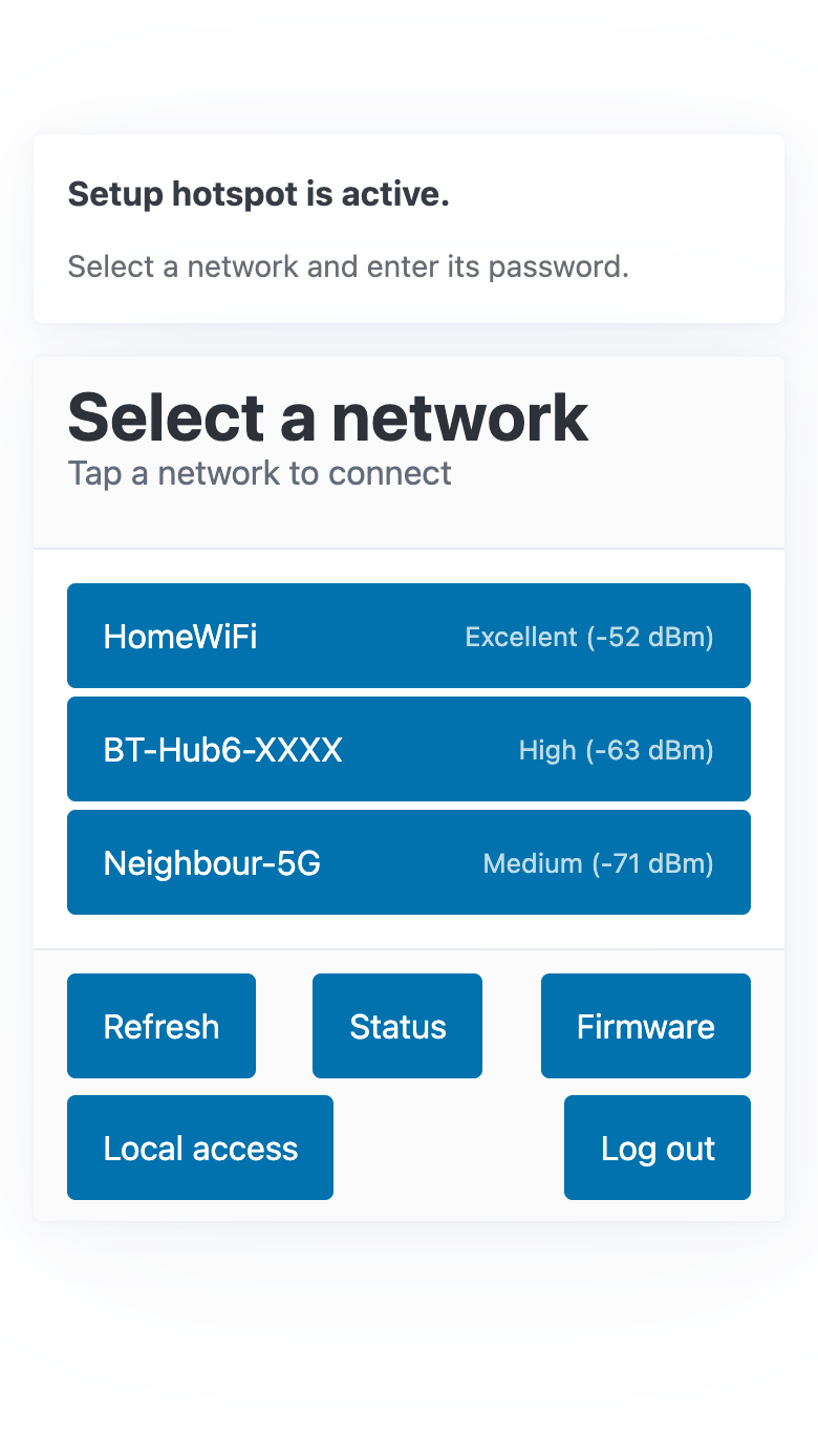 The Wi-Fi page on the hotspot: "Setup hotspot is active", and the list of networks with their signal strength